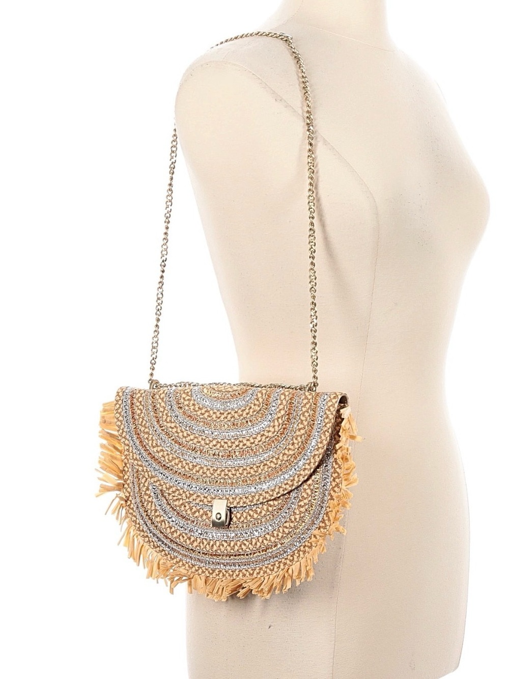Eric Javits Straw Clutch with Metallic Accents and Fringe